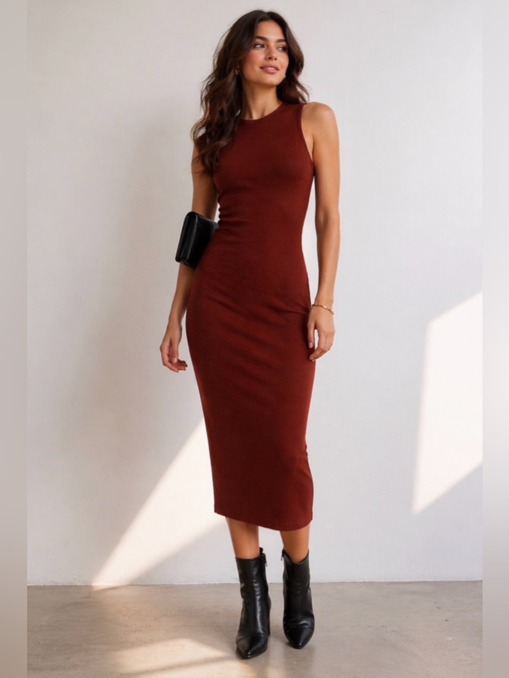 Zara NWT Rust Brown Bodycon Midi Dress Open Back Minimalist Size S